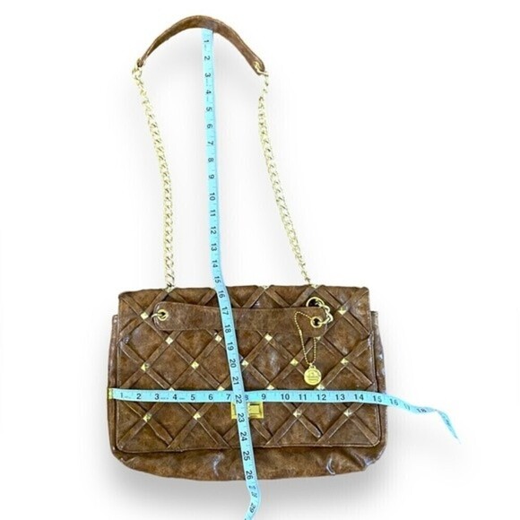 Big Buddha Chocolate Brown Weaved Studded Vegan Leather Turn Lock Shoulder Bag - Picture 6 of 11